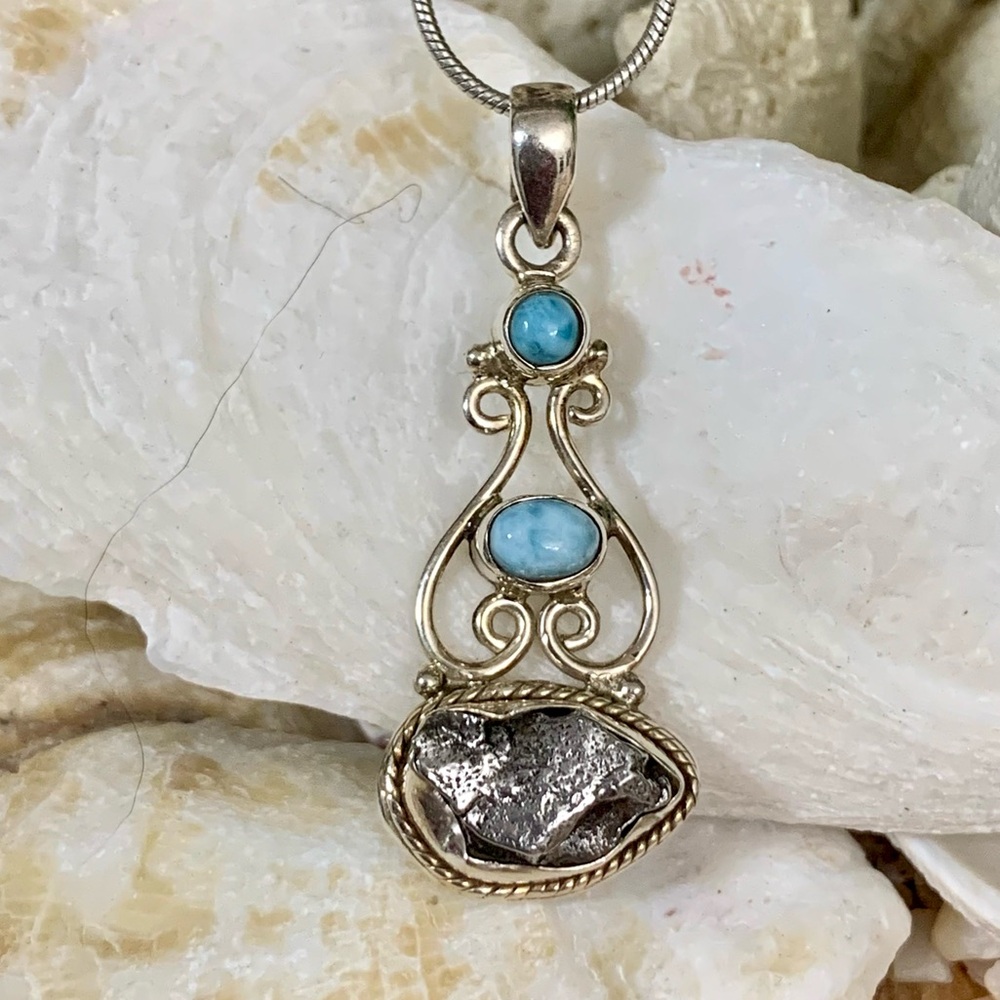 Designed Campo Del Cielo Meteorite & Larimar Sterling Silver Pendant